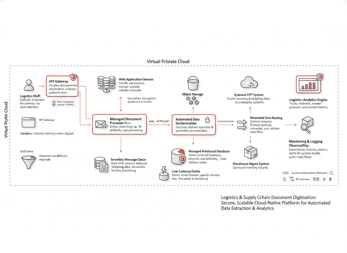 Logistics & Supply Chain OCR diagram illustrating Shipping Document Digitization, Inventory Records, Automated Data Routing, and Logistics Analytics.